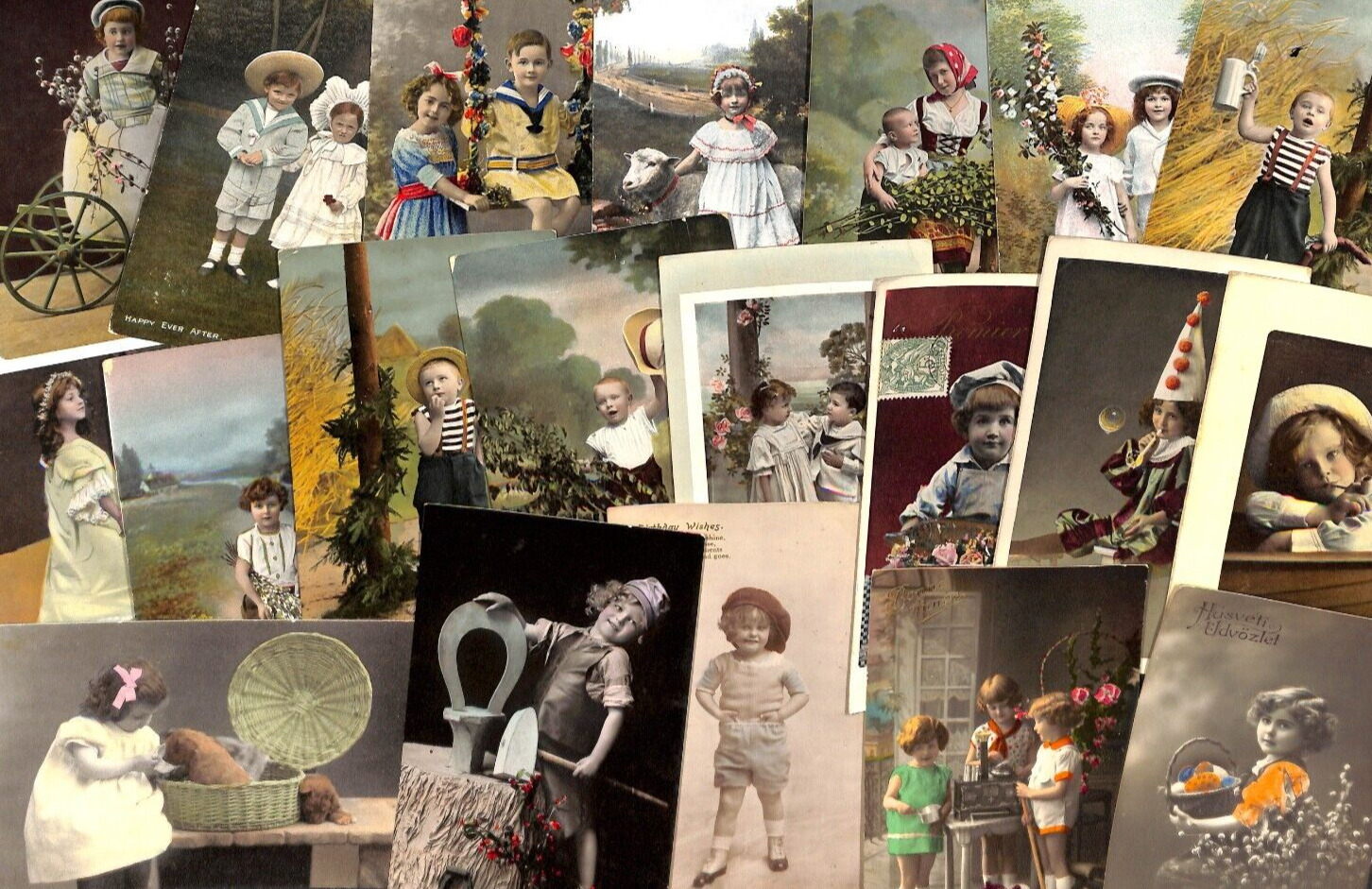 Lot of 20 charming children costumes scenes & landscapes greetings c.1906-1910
