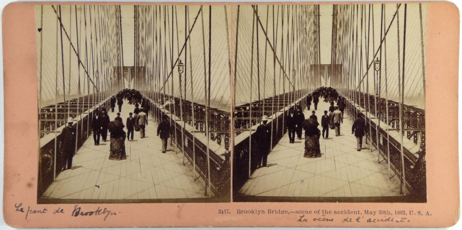 USA.Brooklyn Bridge.Scene accident.Photo Albumen Stereo Kilburn 1883.