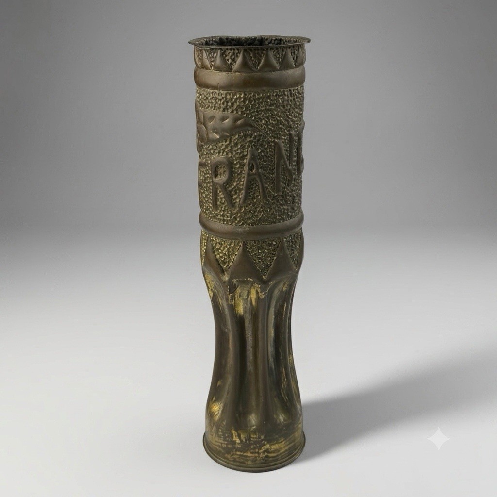 Original WWI French 75mm Trench Art Artillery Shell Casing Vase Dated 1918, 13”