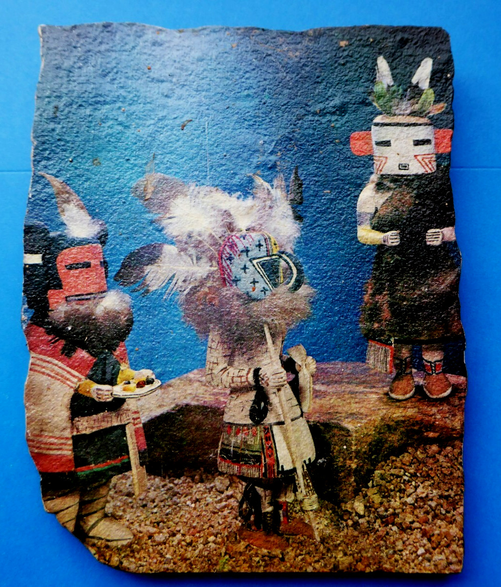 Kachinas Hand Painted on Stone Wall Plaque Aha Ahola Ahol Mana Hopi Mythology