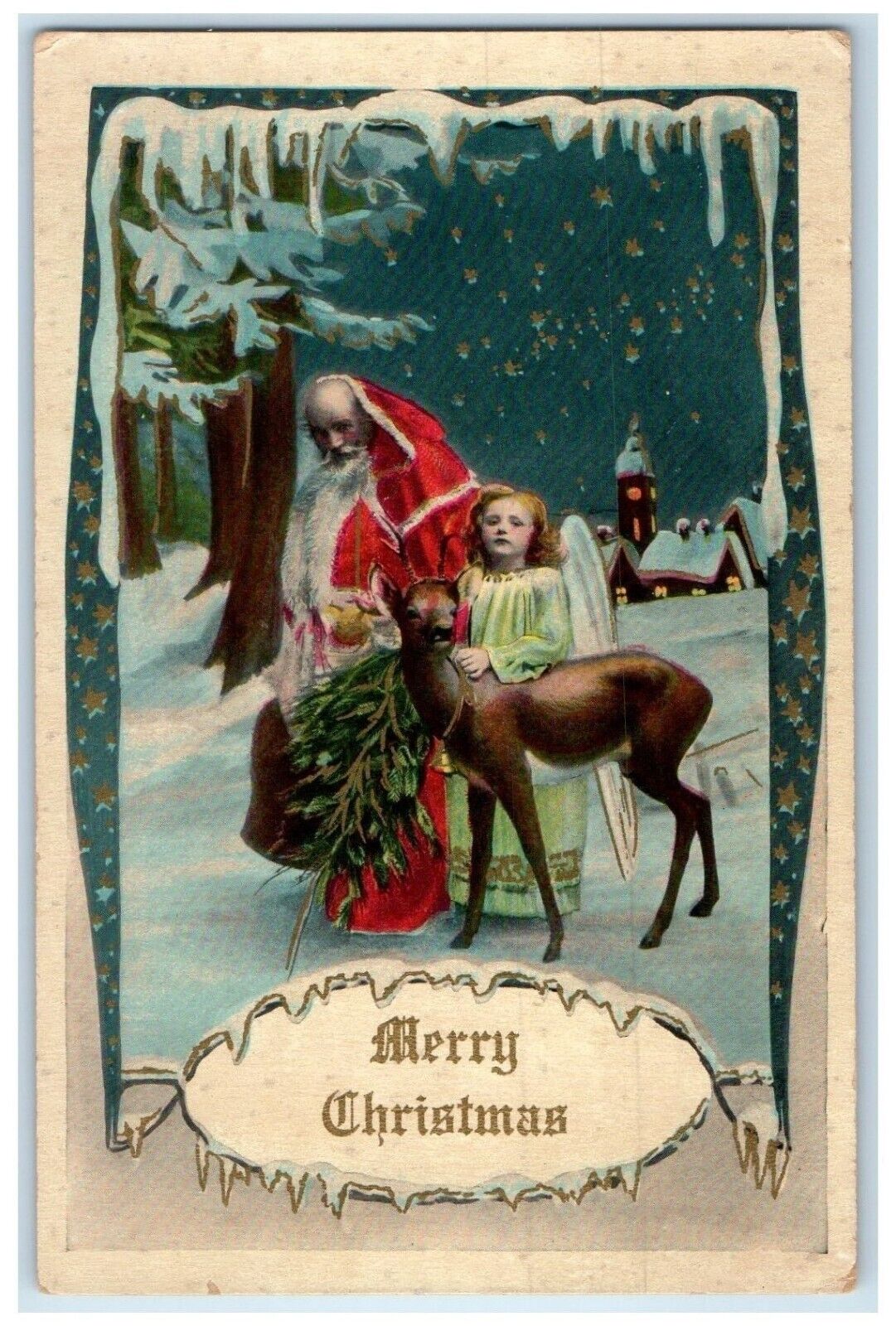 1911 Merry Christmas Santa Claus Angel Deer Winter House Church Posted Postcard