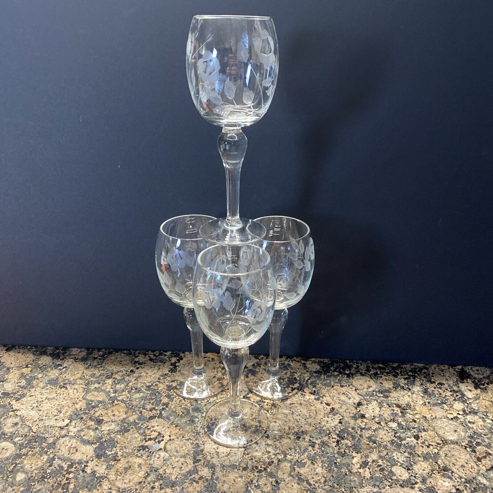 Vintage Wine Glasses Chrystal Etched Floral Design set of 4