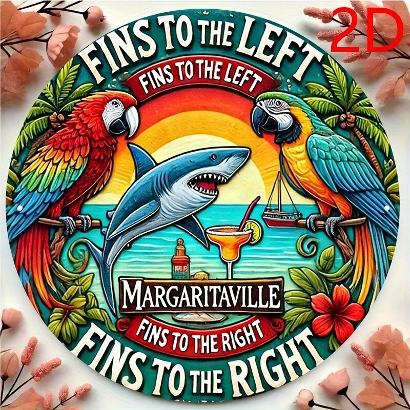 2D Flat, [JIT] Margaritaville Fish & Parrot Metal Wall Art Tin Metal Signs - Tro
