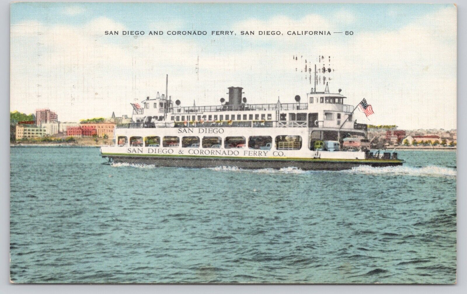San Diego and Coronado Ferry San Diego California Vintage Linen Postcard