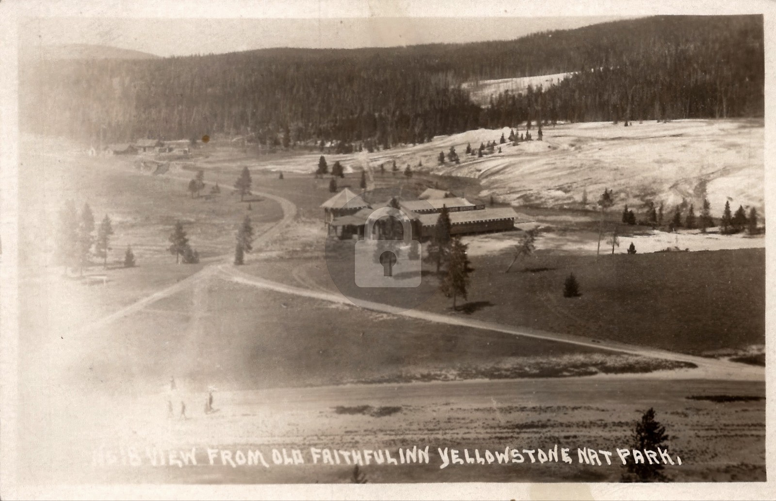 c1930s Old Faithful Inn Yellowstone Park Geyse Aerial WY RPPC Postcard COPY