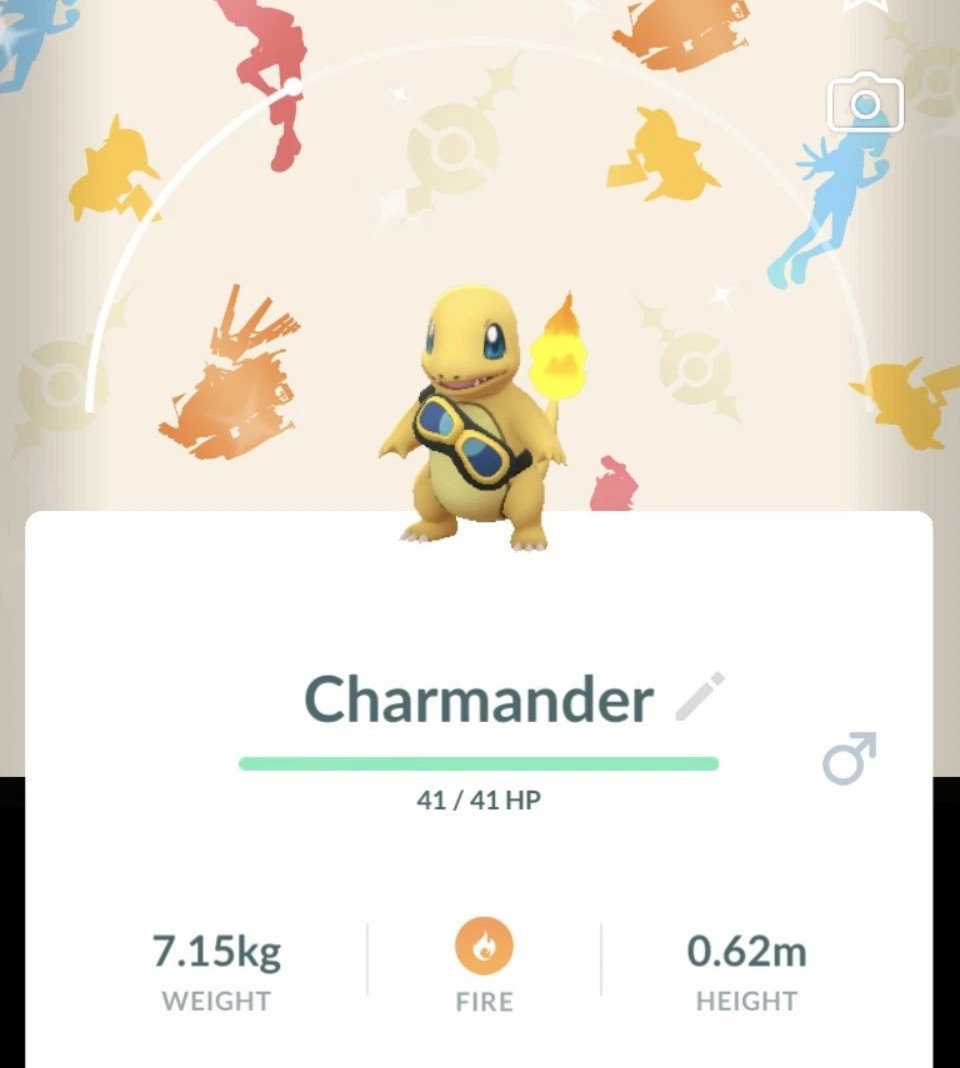 Pokémon Go-Shiny Charmander-✨wearing Friede\'s goggles-with Background-TRADE Pokémon Go-Shiny Charmander-✨wearing Friede\'s goggles-with Background-TRADE