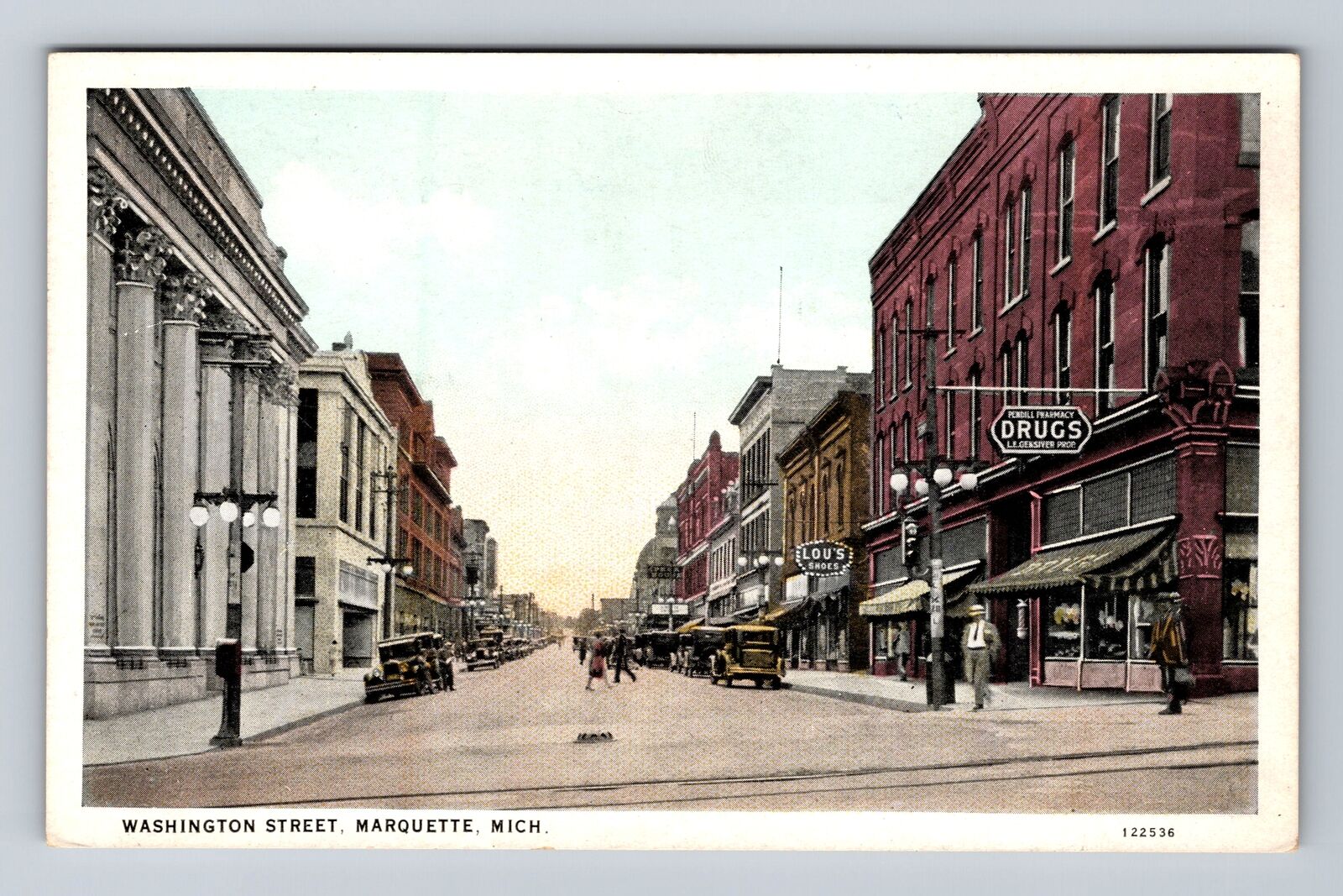 Marquette MI-Michigan, Washington Street, Drugstore, Antique Vintage Postcard