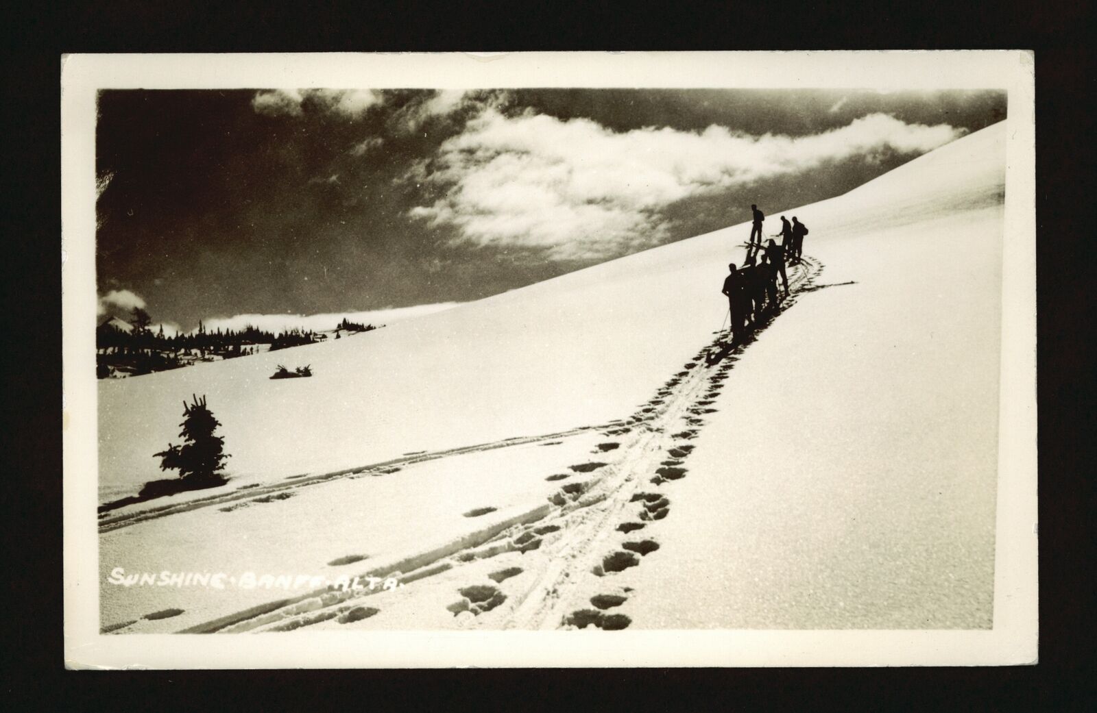 Sunshine Banff Alberta - View of seven men skiing Canada Old Photo
