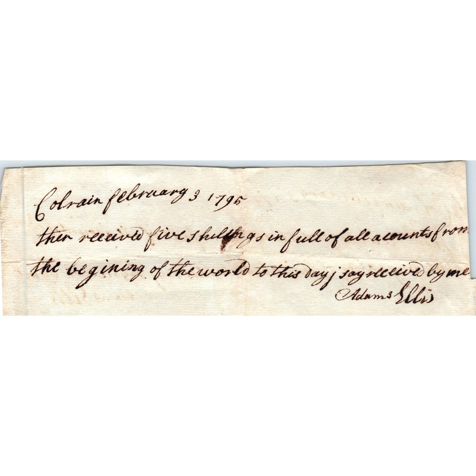 1795 Handwritten Receipt Colrain Massachusetts Adam Ellis AE6-03