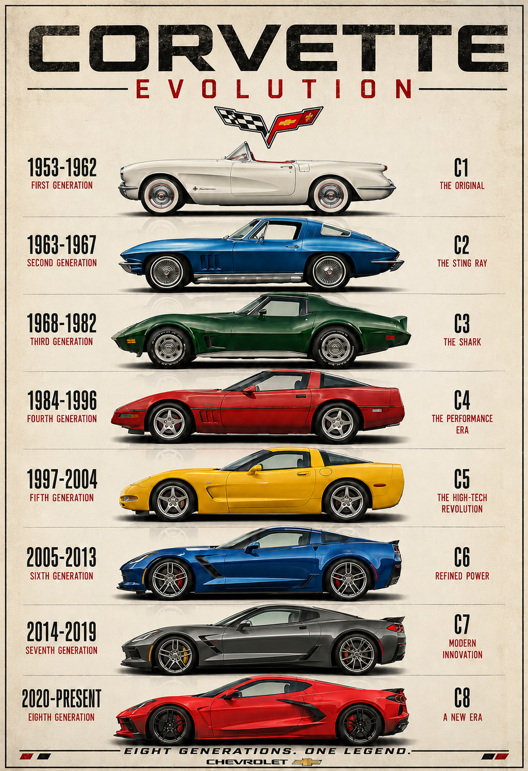 Chevrolet Corvette Evolution C1-C8 Poster 13x19 – 1953-Present Generations Class