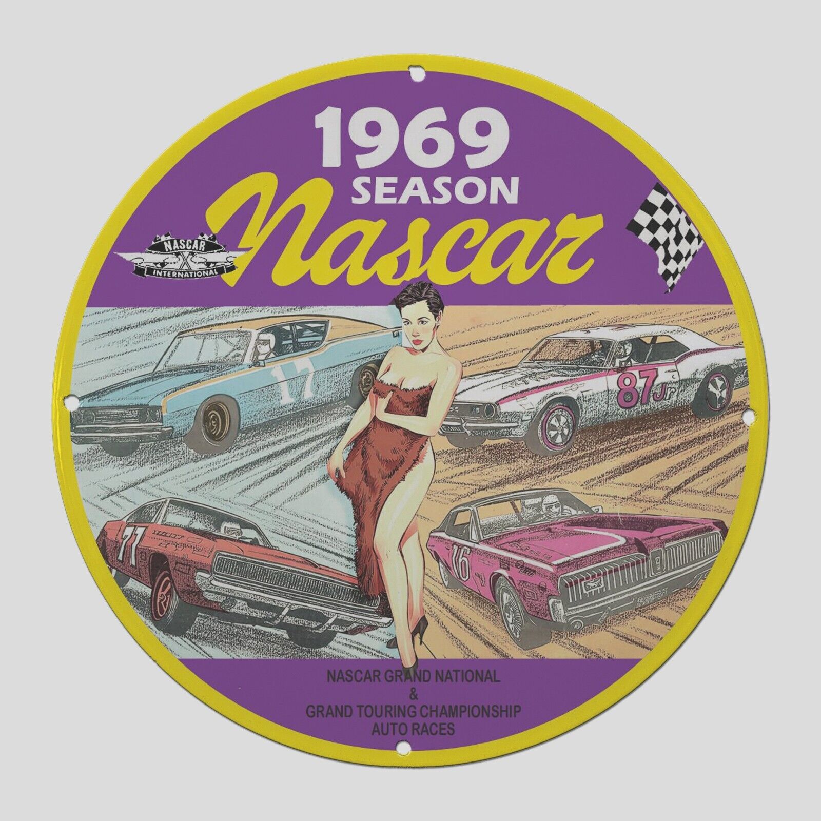 VINTAGE NASCAR SEASON RASCAR 1969 OIL PORCELAIN  GAS PUMP  SIGN