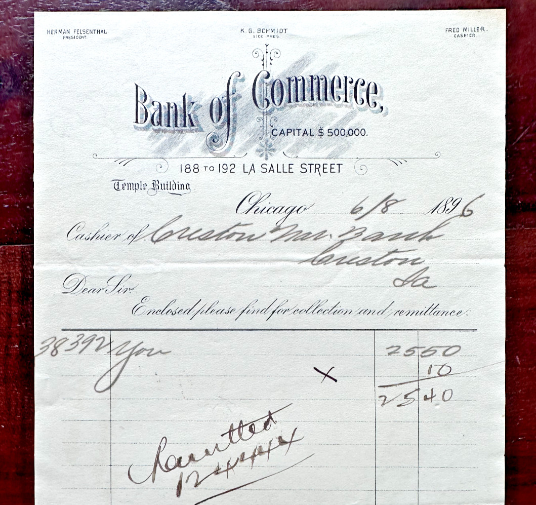 ANTIQUE 1896 CHICAGO, IL BANK OF COMMERCE RECEIPT $25.40 - FP45 ANTIQUE 1896 CHICAGO, IL BANK OF COMMERCE RECEIPT $25.40 - FP45
