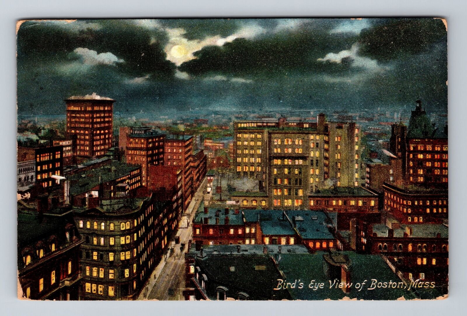 Boston MA-Massachusetts, Aerial Of Night View, Antique, Vintage c1908 Postcard