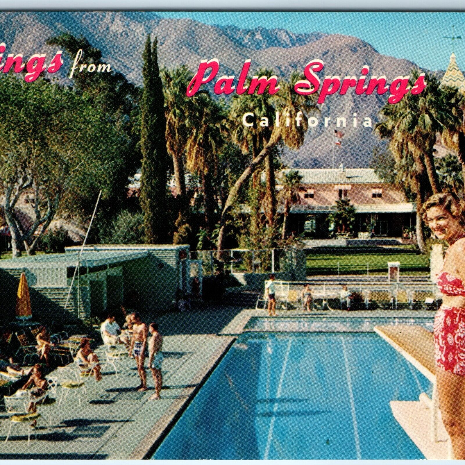 c1950s Palm Springs, CA El Mirador Hotel Greetings Cute Girl Swimming Pool A231