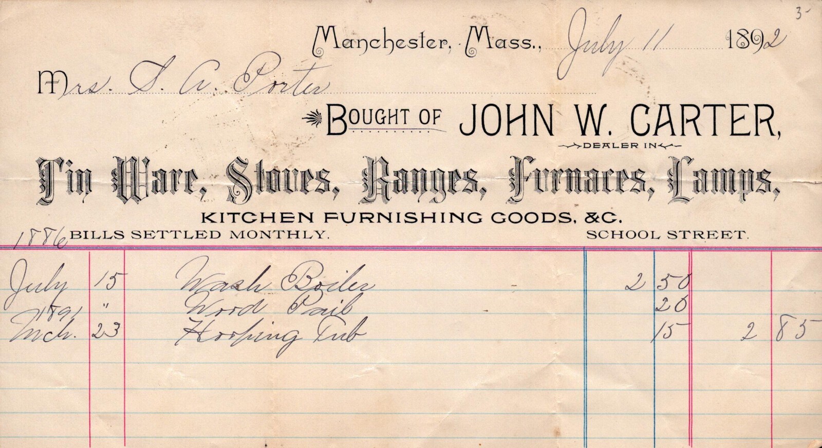 1892 Billhead - John W. Carter - Manchester, Massachusetts 1892 Billhead - John W. Carter - Manchester, Massachusetts