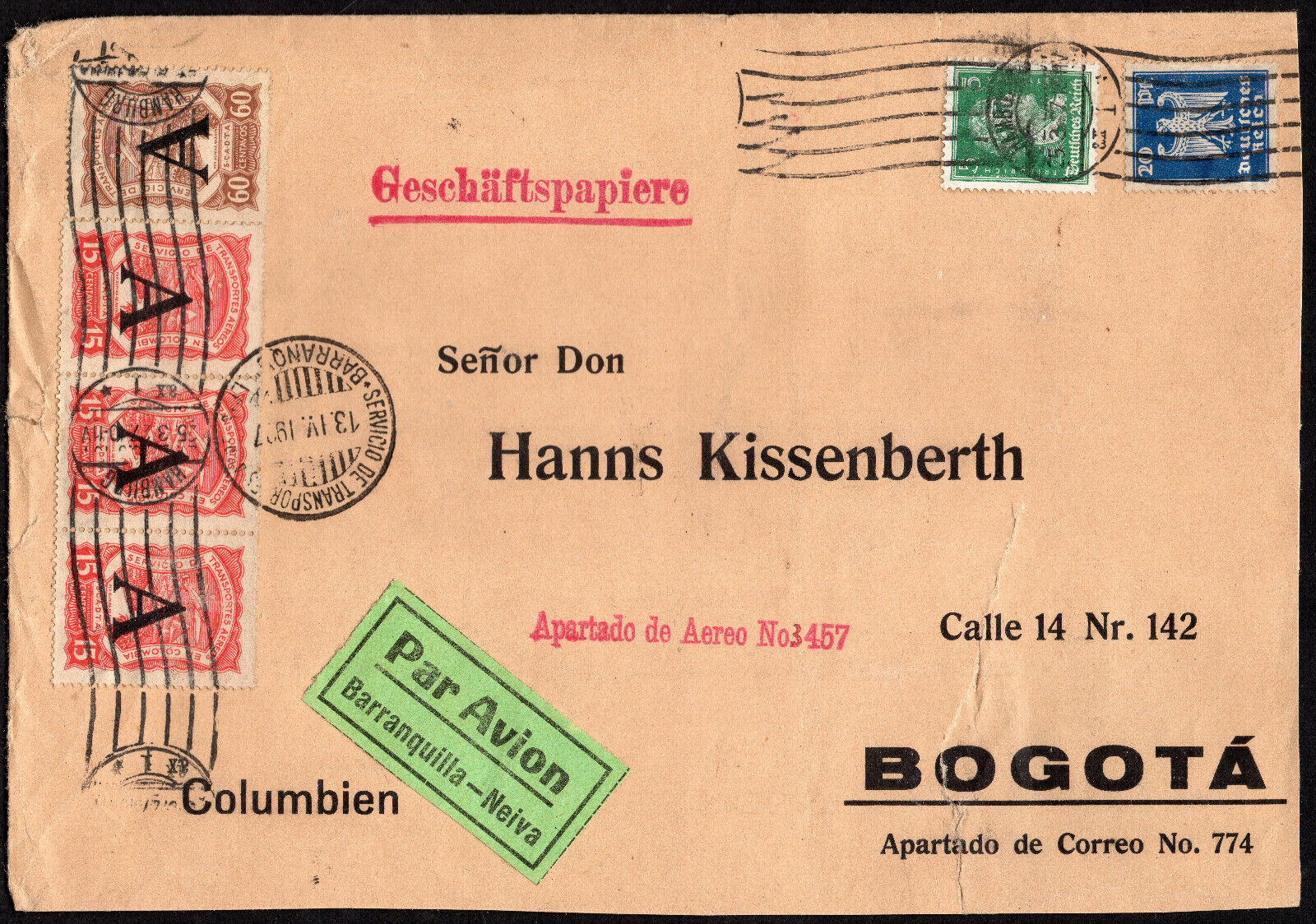 ✔️ 1927 GERMANY LUFTPOST DUE TAX RARE COVER HAMBURG TO BOGOTA