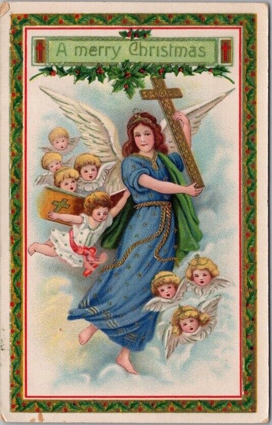 c1910s MERRY CHRISTMAS Embossed Postcard Angel Woman w/ Cross / Cherubs - UNUSED