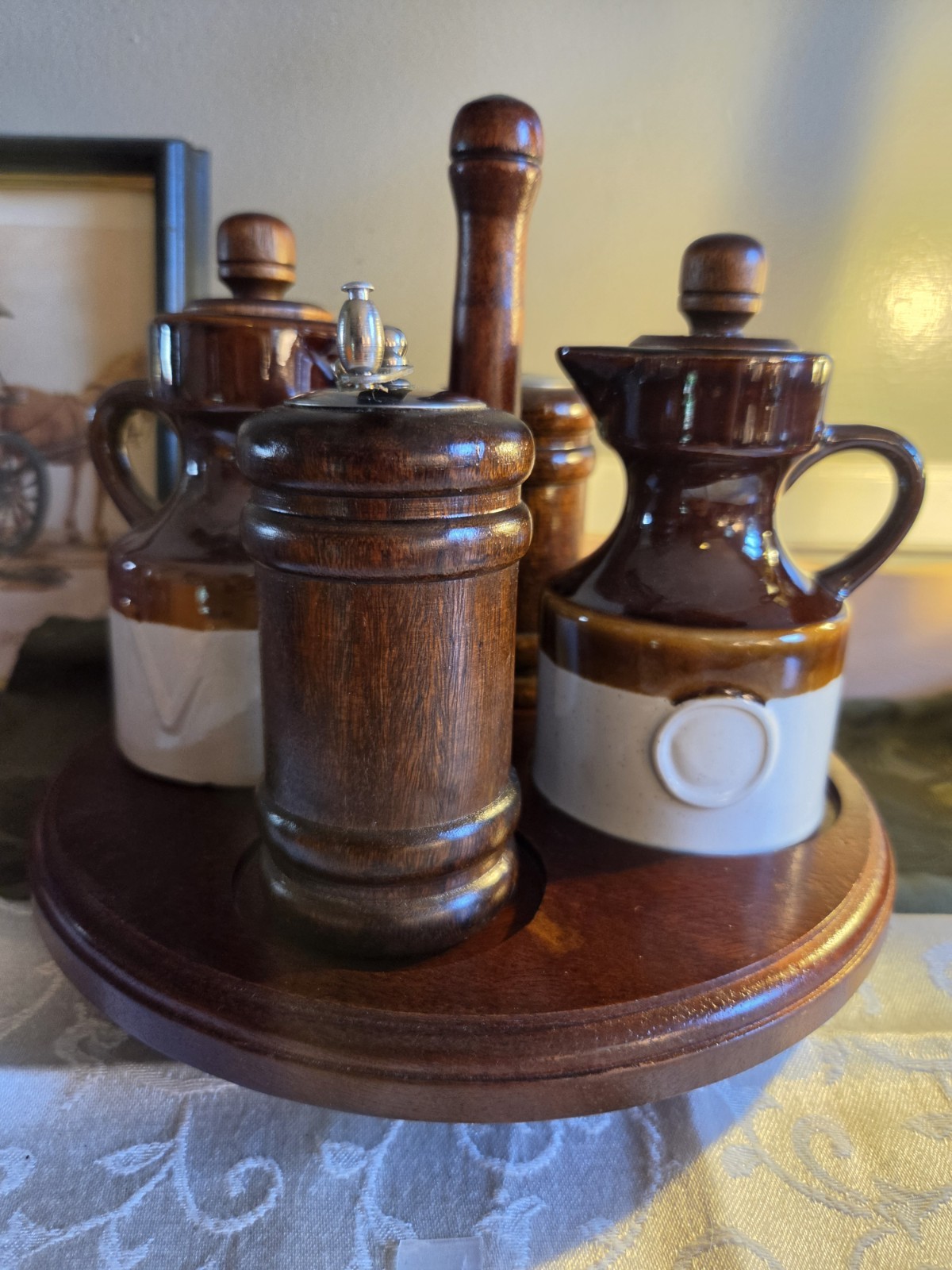 Vintage Mid-Century Stoneware & Wood Cruet Set with Rotating Lazy Susan... Vintage Mid-Century Stoneware & Wood Cruet Set with Rotating Lazy Susan...