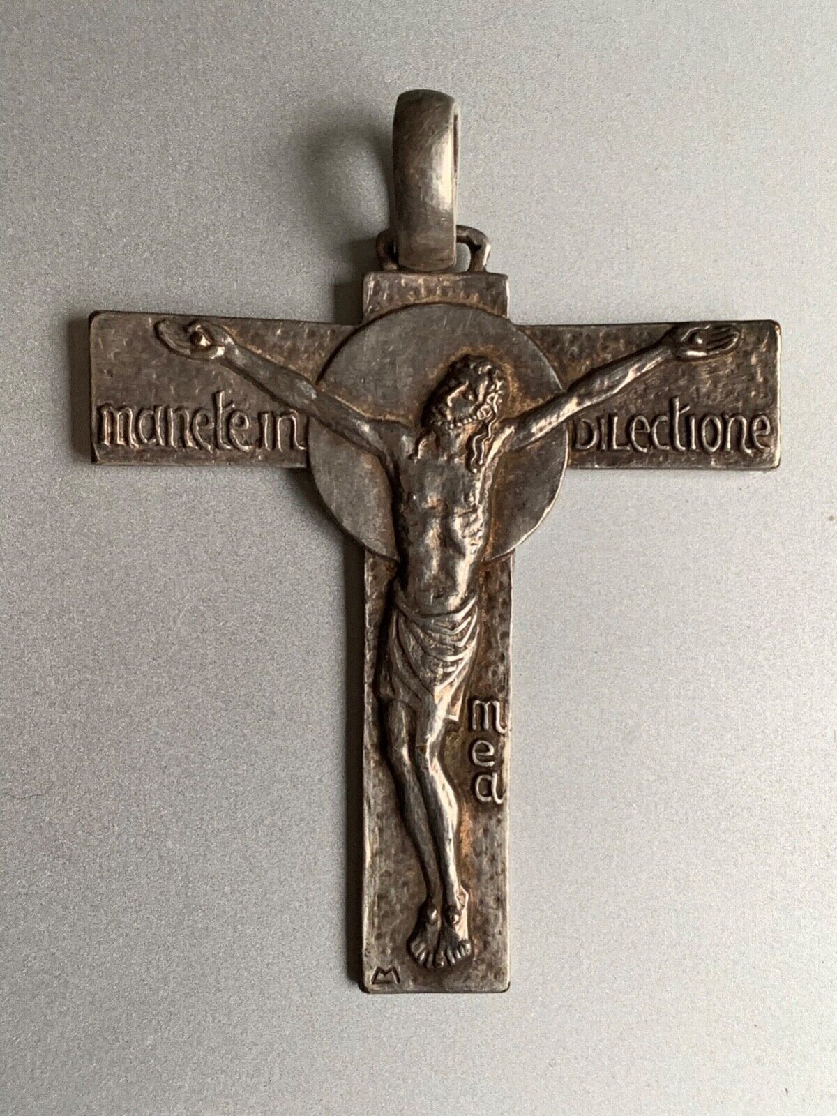 Important Antique Religious Silver Pendant -7cm - Manetein Dilectione Mea