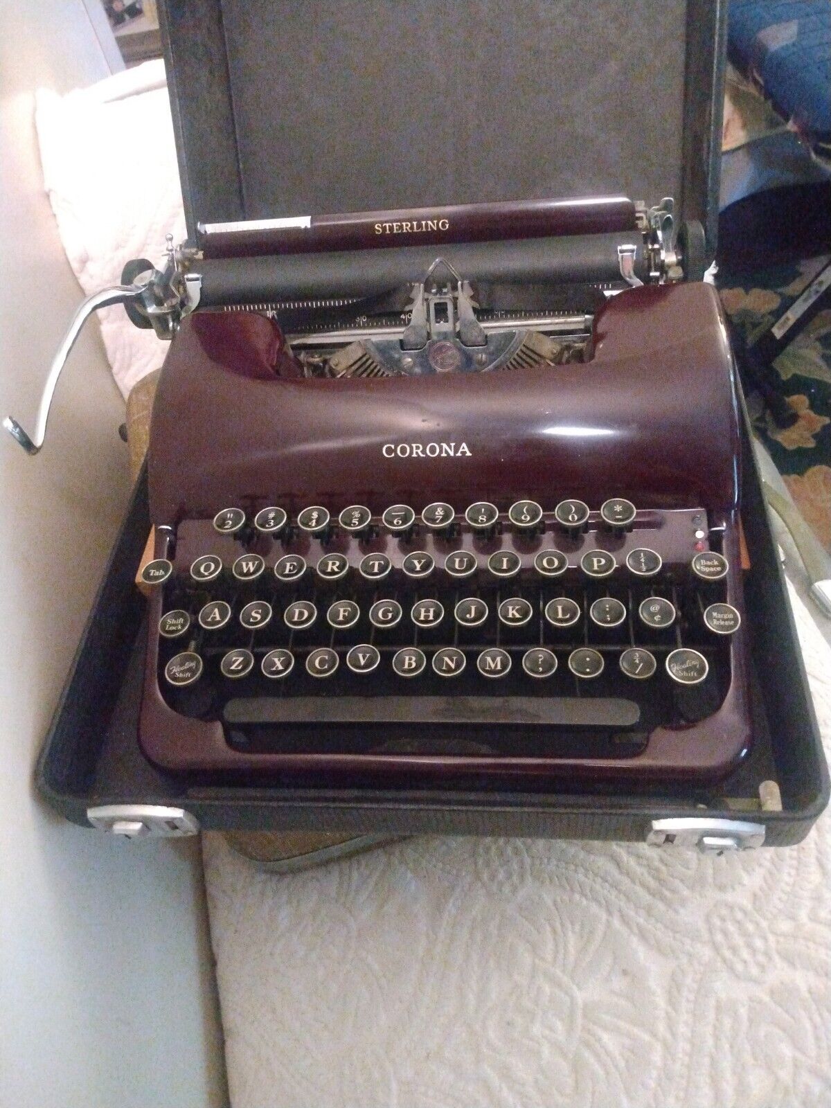 Vtg Smith Corona Sterling Maroon Typewriter w Case 30's FINEST ALL ORIG COND 