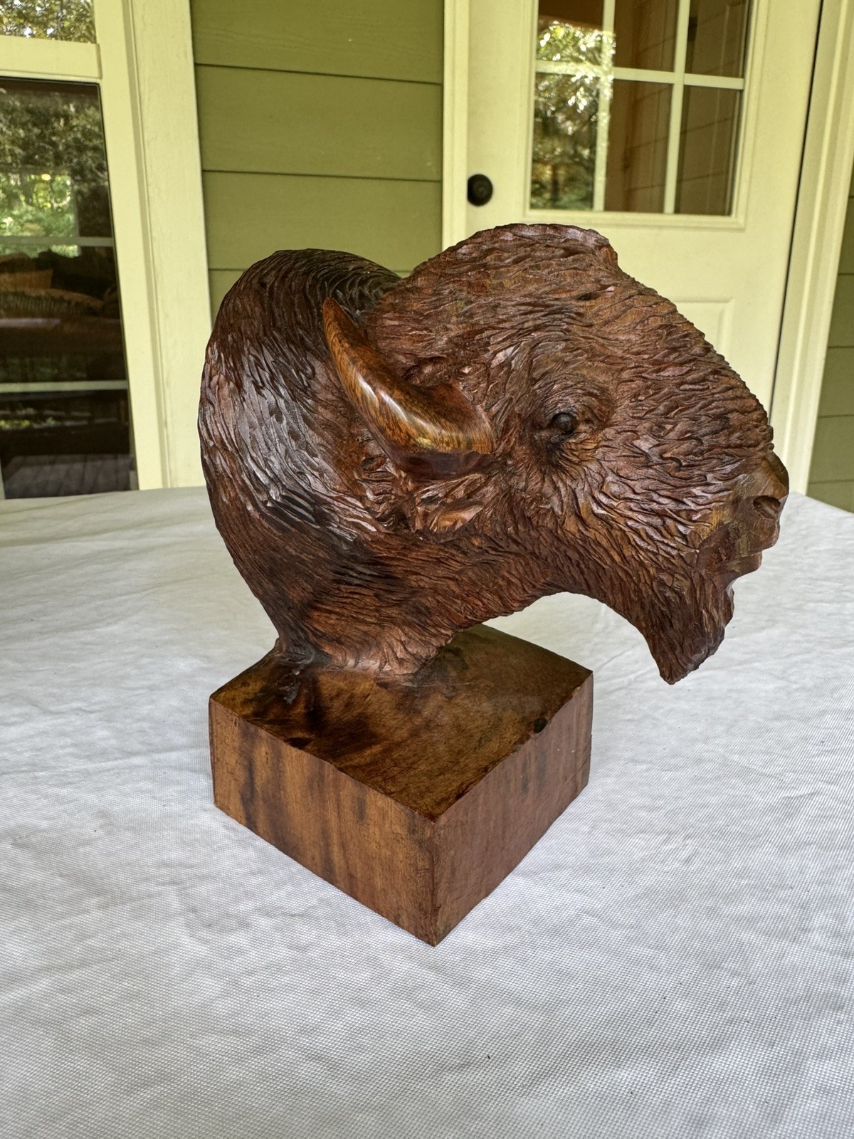 Vintage Desert Buffalo Bust Carving Hand Carved Ironwood Wooden Bison Sculpture