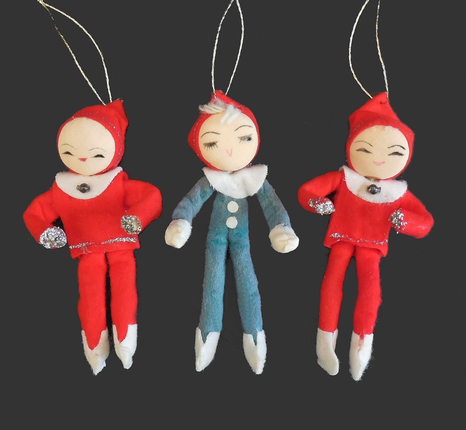 Vintage Felt Christmas Elf Pixie Ornaments 3pc Lot 1950s Posable Stockinette Vintage Felt Christmas Elf Pixie Ornaments 3pc Lot 1950s Posable Stockinette