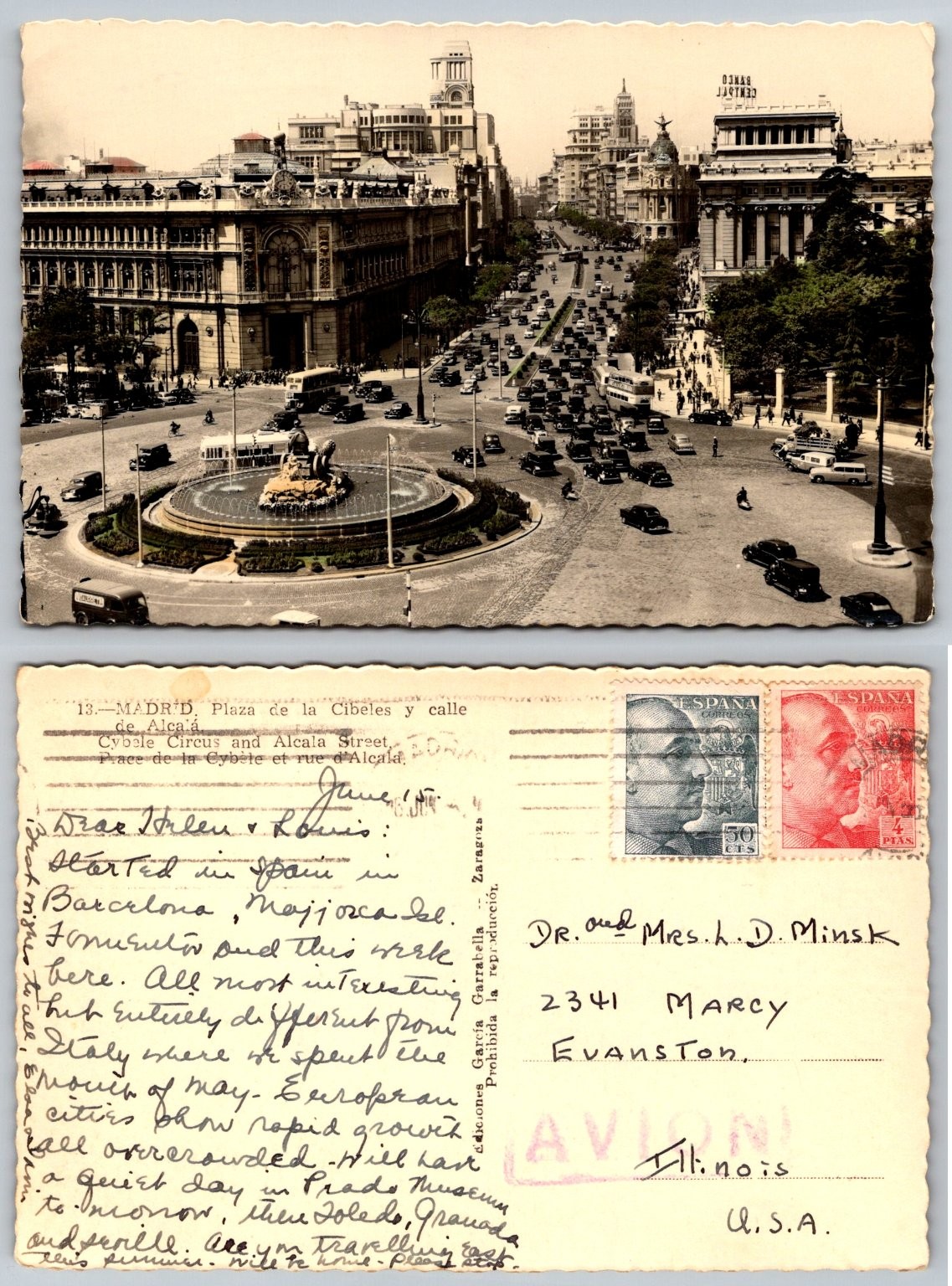 Madrid Cibeles Fountain & Alcala Street Vintage Postcard 1950s Spain Posted