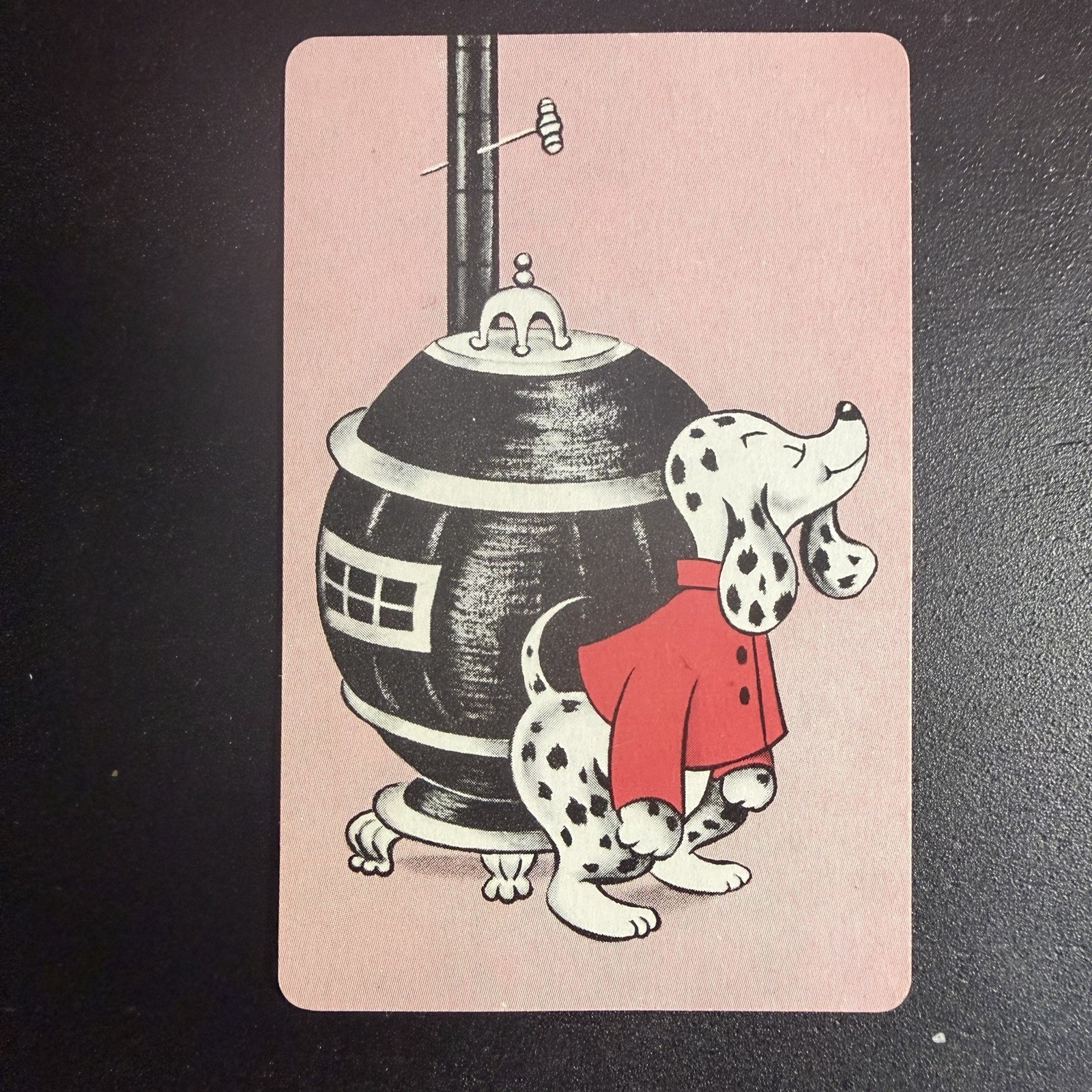 Kitsch Dalmatian Puppy Dog & Furnace Single Swap Playing Card - Joker -c. 1950s Kitsch Dalmatian Puppy Dog & Furnace Single Swap Playing Card - Joker -c. 1950s