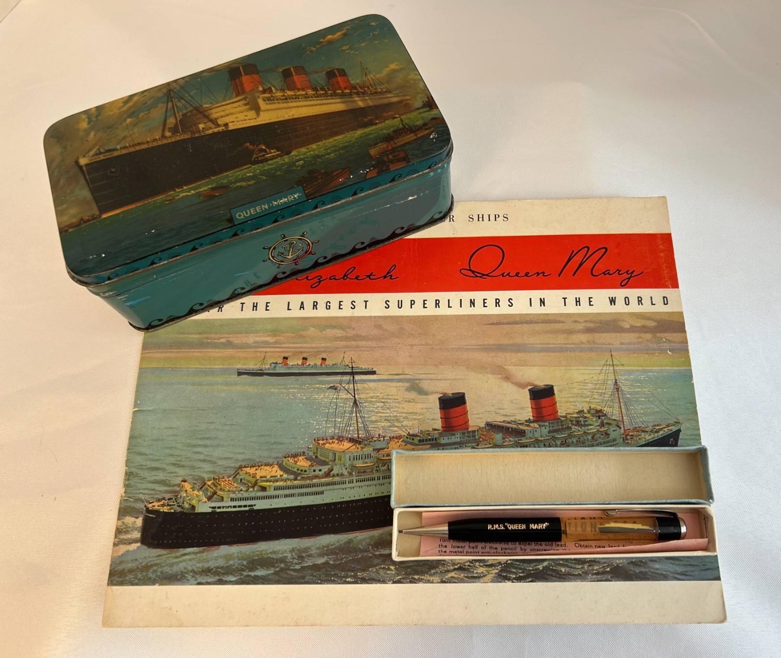 Vintage RMS Queen Mary Cunard Souvenir Lot Booklet Toffee Tin Pencil Set Vintage RMS Queen Mary Cunard Souvenir Lot Booklet Toffee Tin Pencil Set
