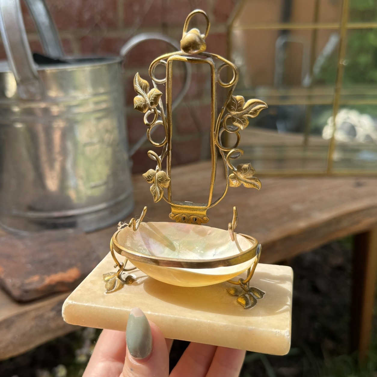 Antique Palais Royal Mother Of Pearl & Brass Chair Shaped Pocket Watch Holder Antique Palais Royal Mother Of Pearl & Brass Chair Shaped Pocket Watch Holder