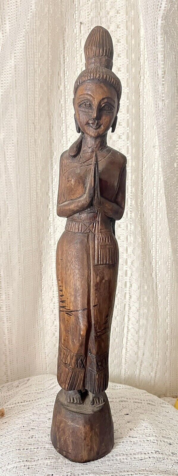 1940s Hand Carved Beautifully Detailed Teak Wood Sawasdee Women Greeter Statue