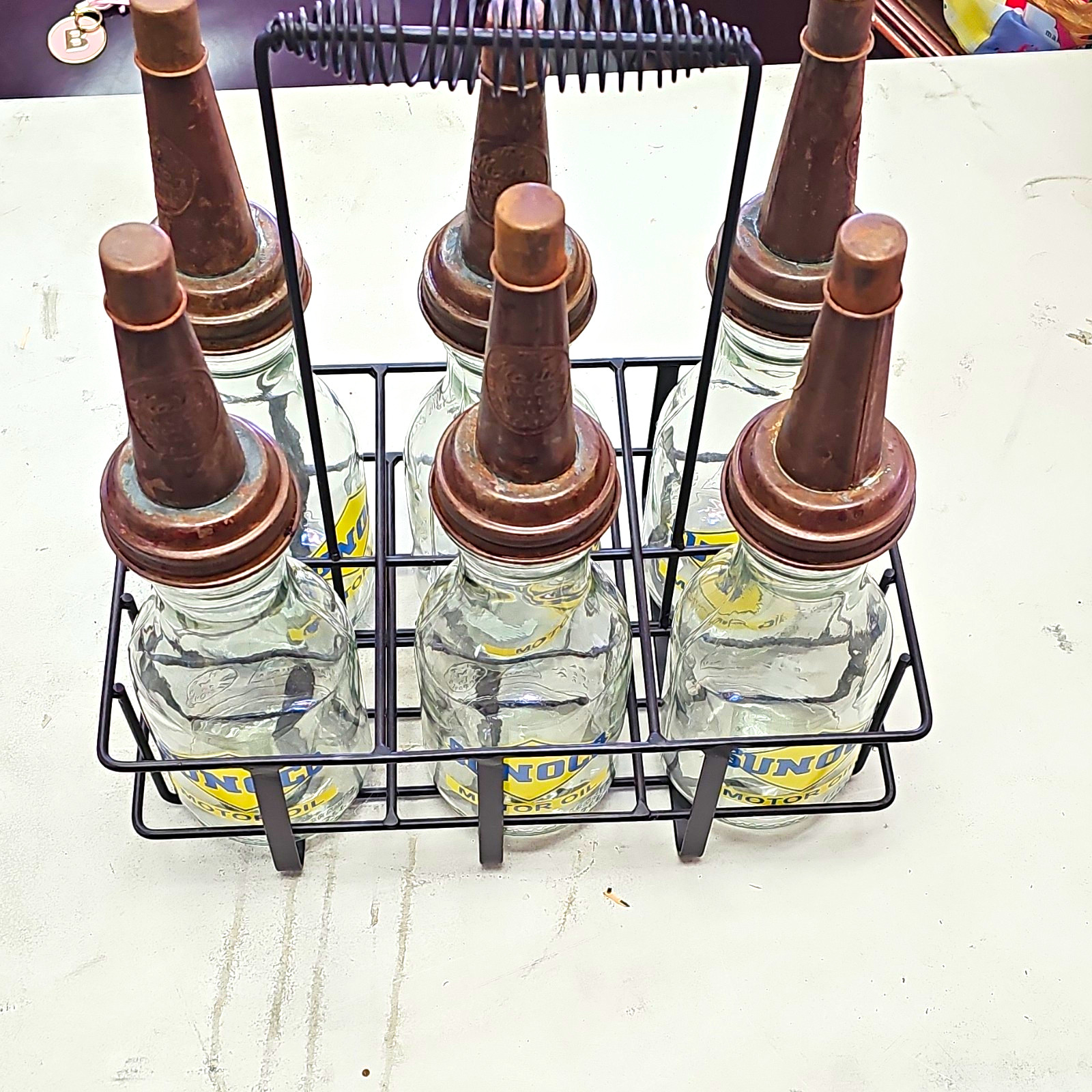 Sunoco Motor Oil Glass Bottles Metal Carrier Rack Gas & Oil Clear