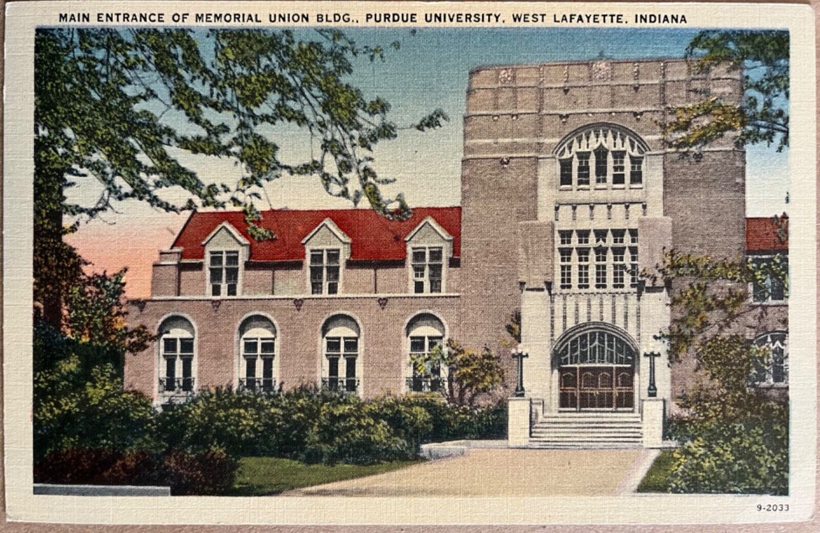 West Lafayette Indiana Purdue University Memorial Union Building Postcard c1930