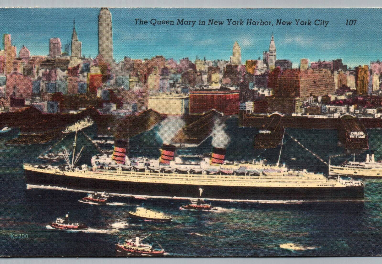Postcard Queen Mary Ship in New York City Harbor 1954 Posted Linen