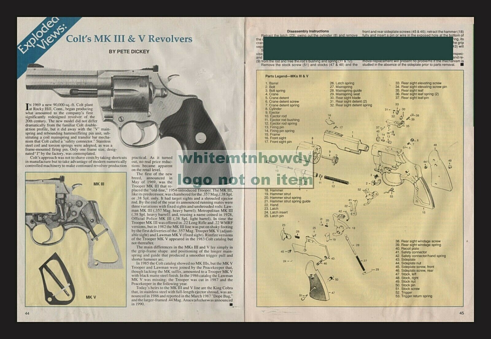 1993 COLT MK III & V Revolver Exploded View Parts List 2-pg Assembly Article
