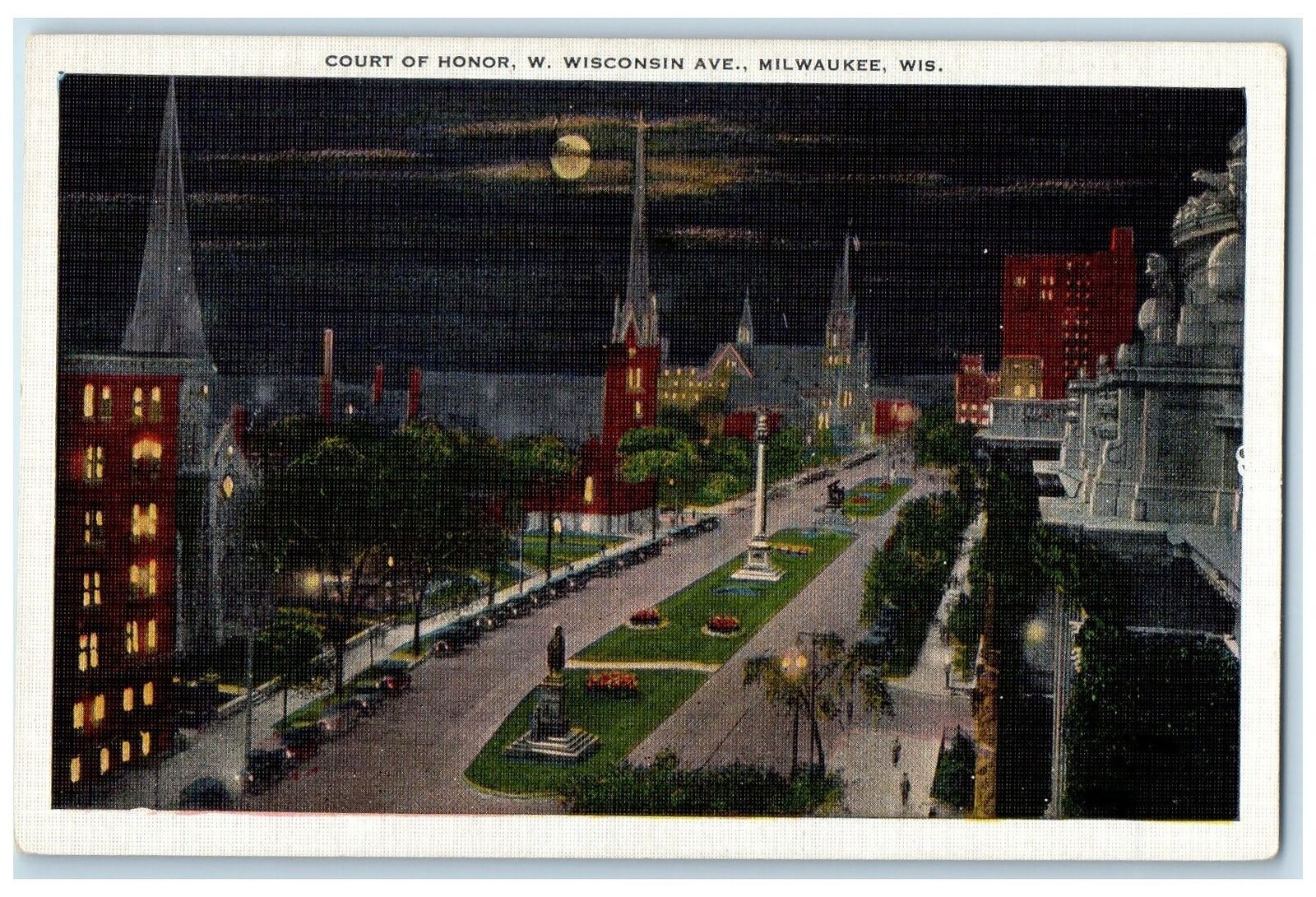 c1940s Court Of Honor Buildings Cars Moonlight Milwaukee Wisconsin WI Postcard
