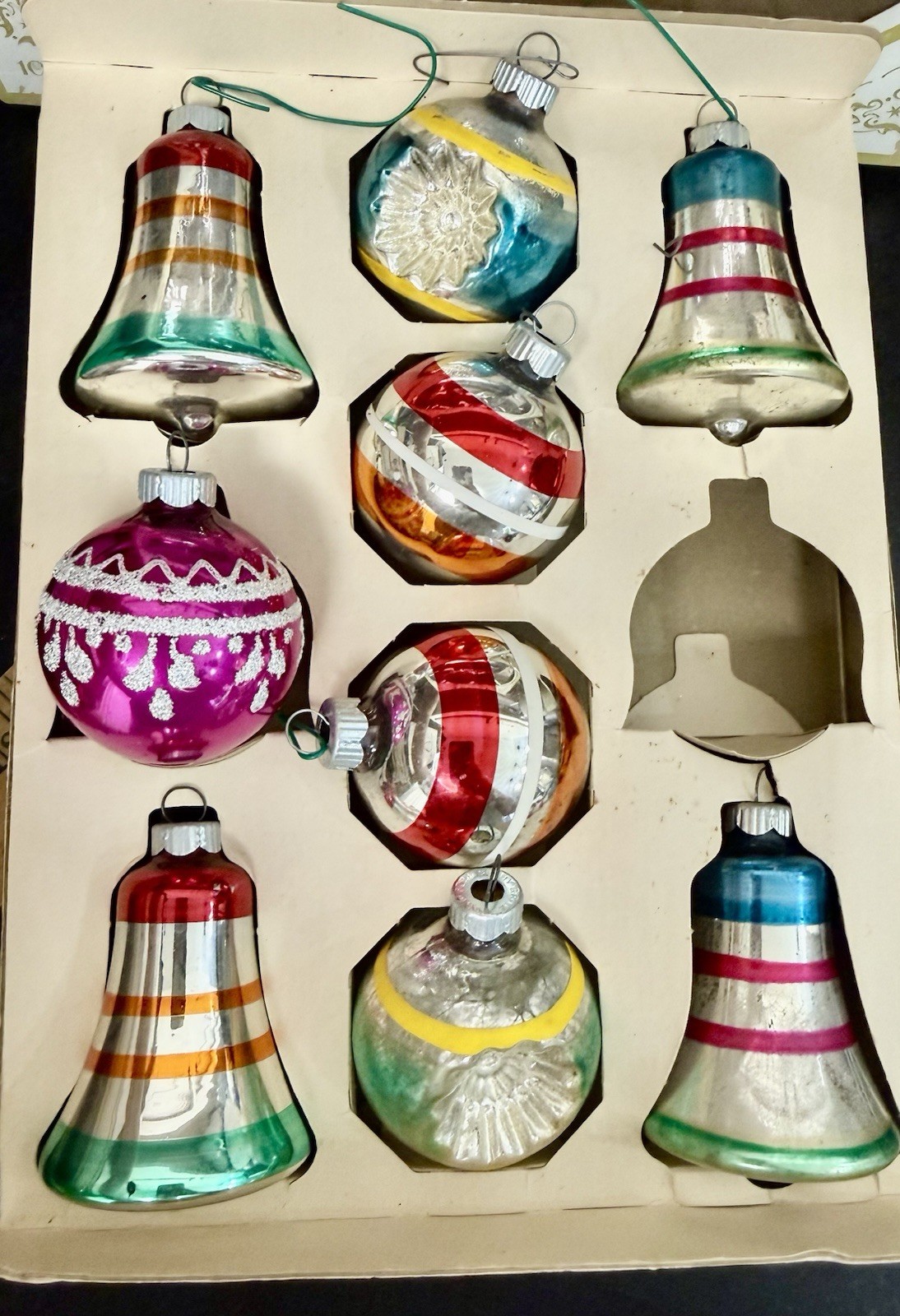 Vintage 1950s Shiny Brite Set 9 Glass Ornaments Striped Balls Bells w/Box Mica