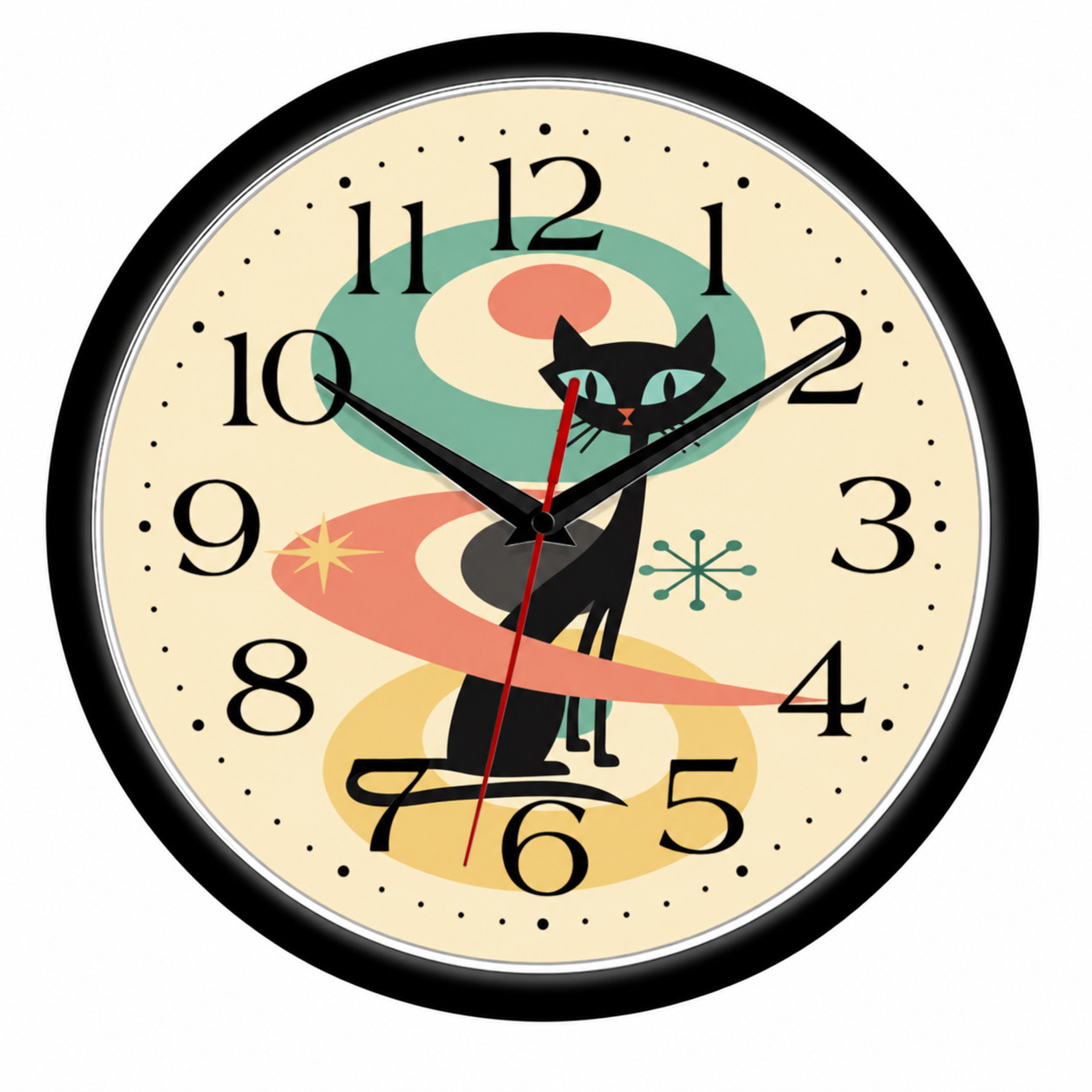 Retro Black Cat 10 Inch Wall Clock Mid Century Modern Atomic Home Decor | Quartz