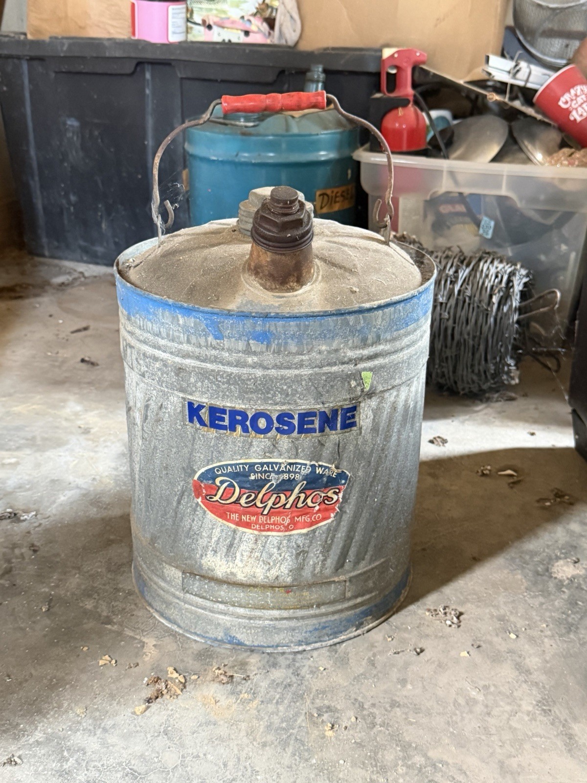 Vintage Delphos Kerosene Metal Can w/ Red Handle, Gas & Oil Vintage Delphos Kerosene Metal Can w/ Red Handle, Gas & Oil