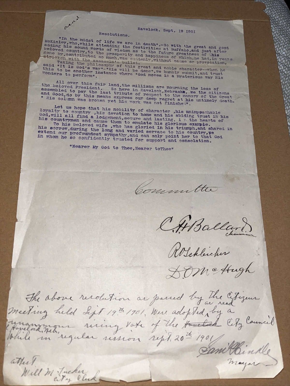 Antique Havelock NE Citizen & Mayor Resolution President McKinley Assassination