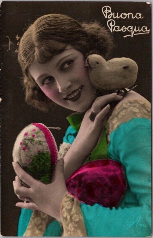 c1910s Italian EASTER Photo RPPC Postcard Pretty Girl Chick & Egg \