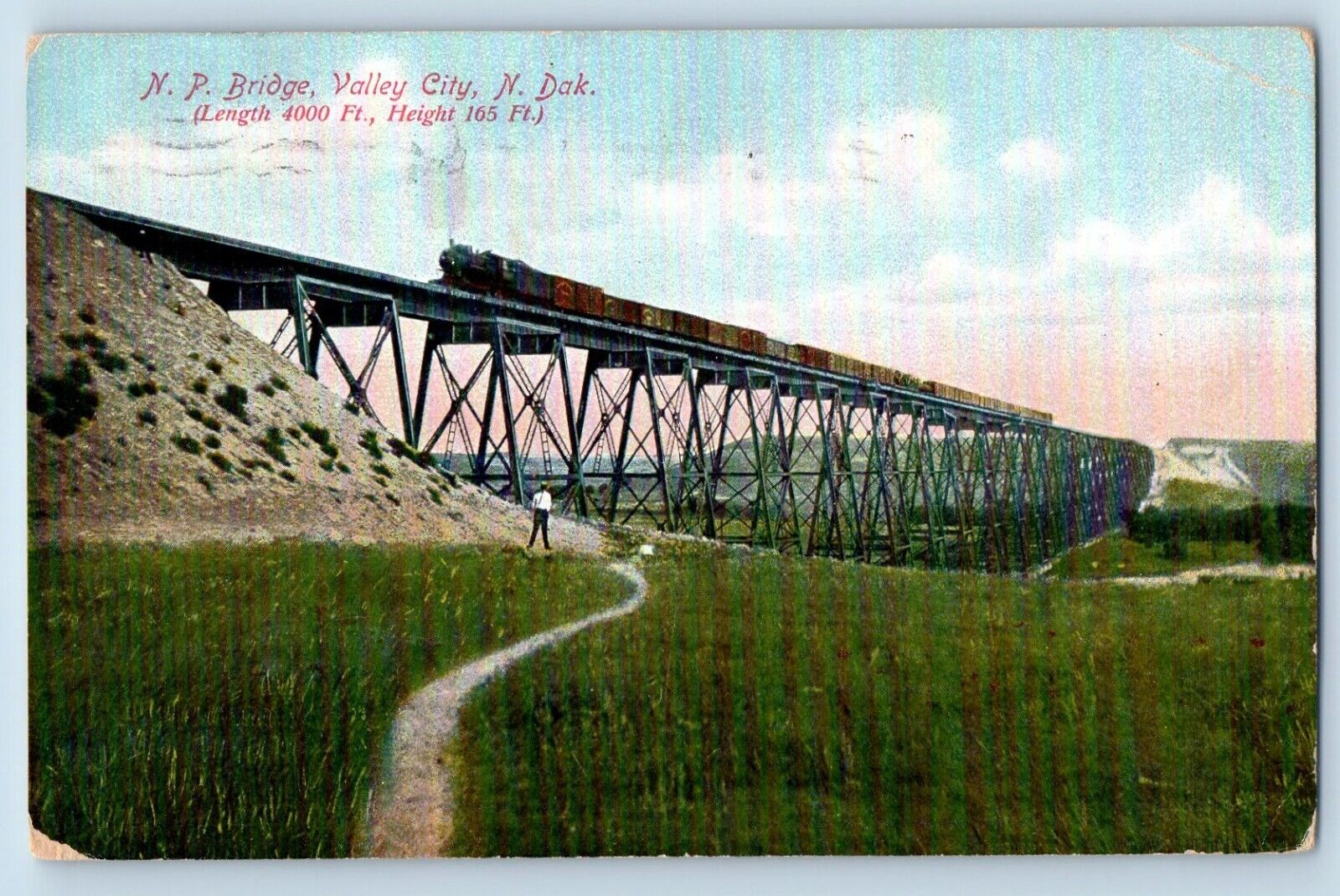 Valley City North Dakota Postcard NP Bridge Locomotive Train 1909 Vintage Posted