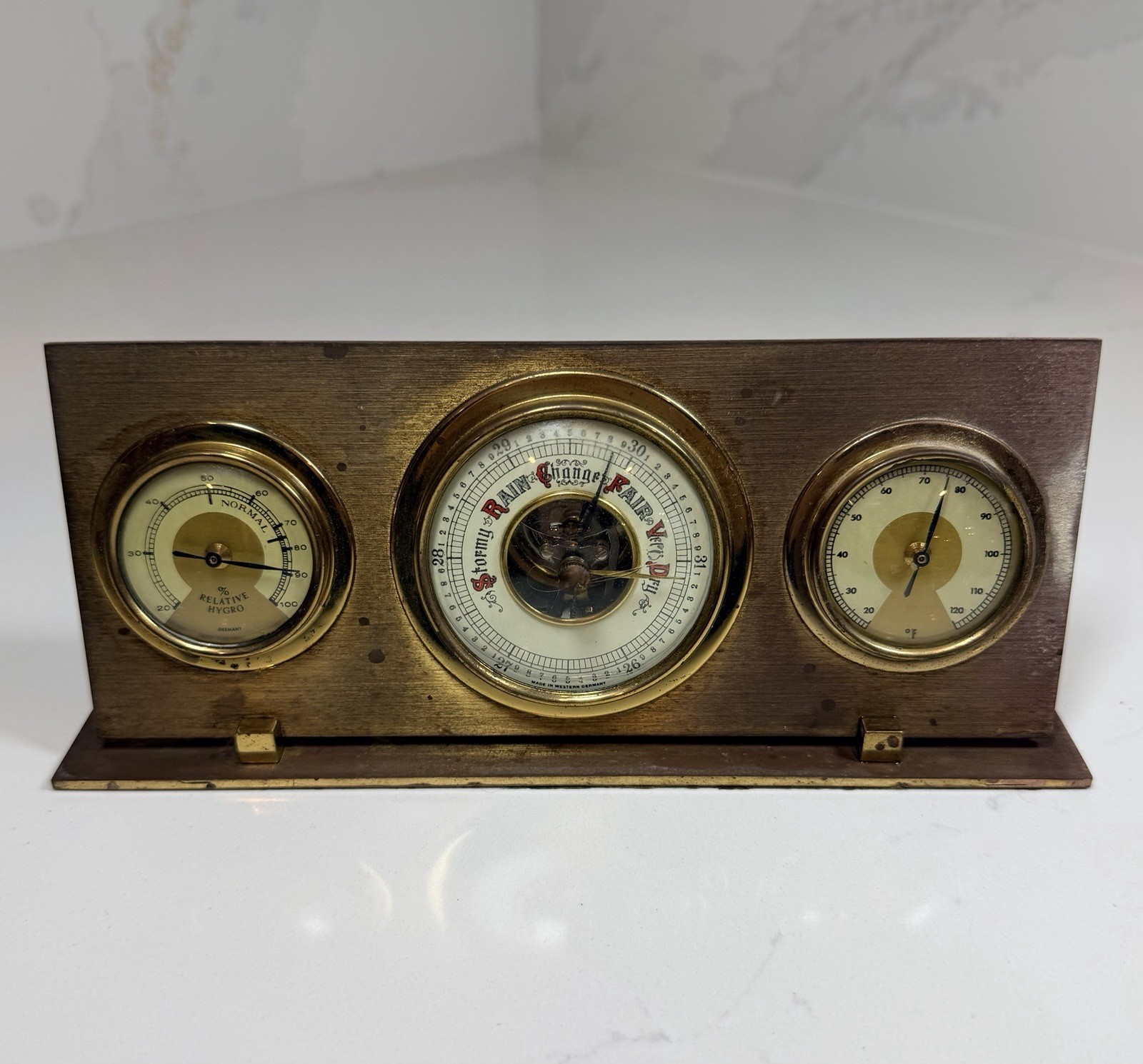 Vtg West Germany Brass Weather Station Barometer Thermometer Hygrometer MCM