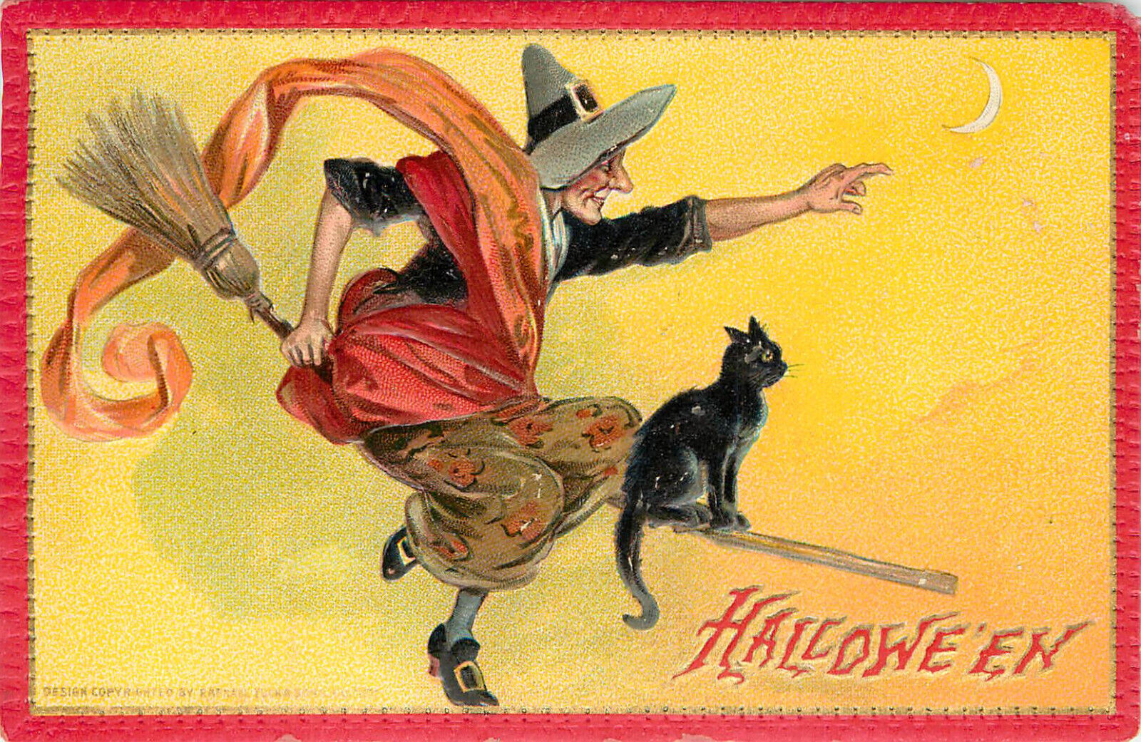 Tuck Halloween Postcard Hallowe'en 174 Witch and Black Cat On Broom S/A Brundage