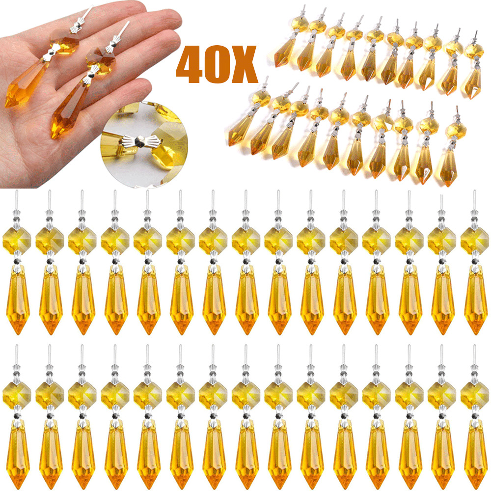 40PCs Chandelier Lamp Crystal Icicle Prisms Bead Hanging Yellow Pendant Ornament