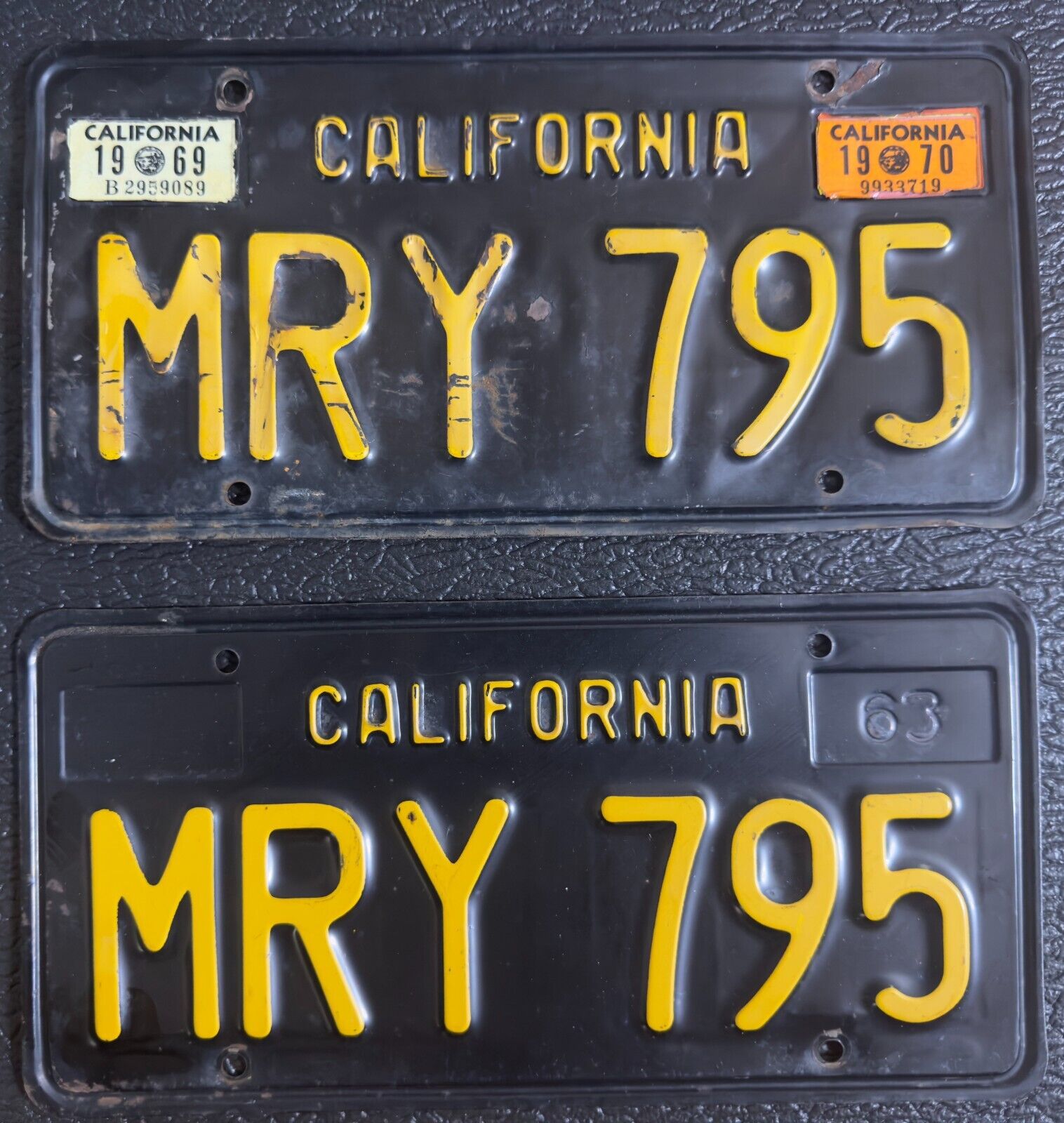 1963 Vintage California Black & Yellow License Plates - Pair MRY 795