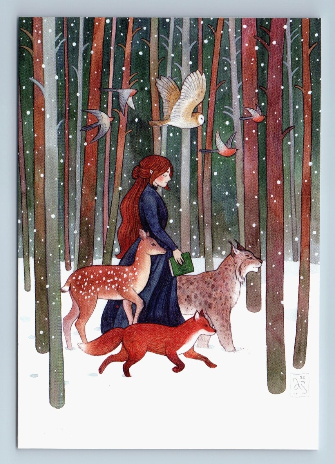 GIRL and Roe Deer RED FOX Bullfinch LYNX Owl WINTER FOREST New Unposted Postcard