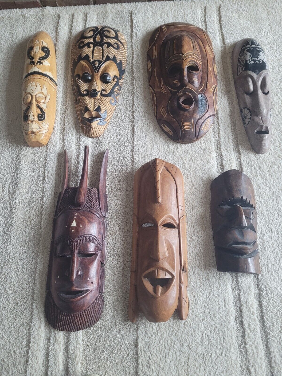 African Hand Carved Wooden Tribal Masks - Group of 7  