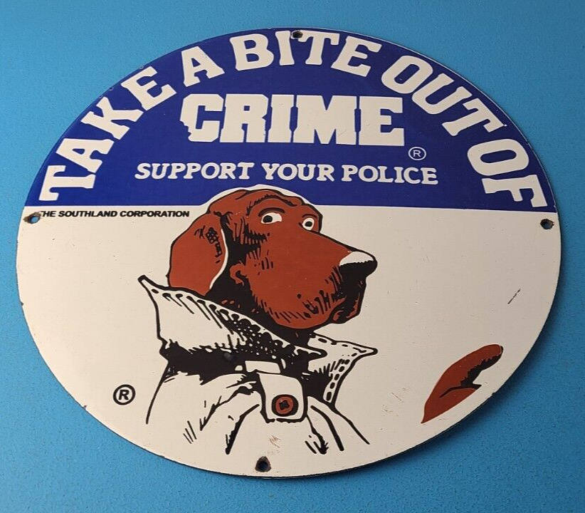 Vintage McGruff Crime Dog Sign - Porcelain Support Police Gas Pump Plate Sign