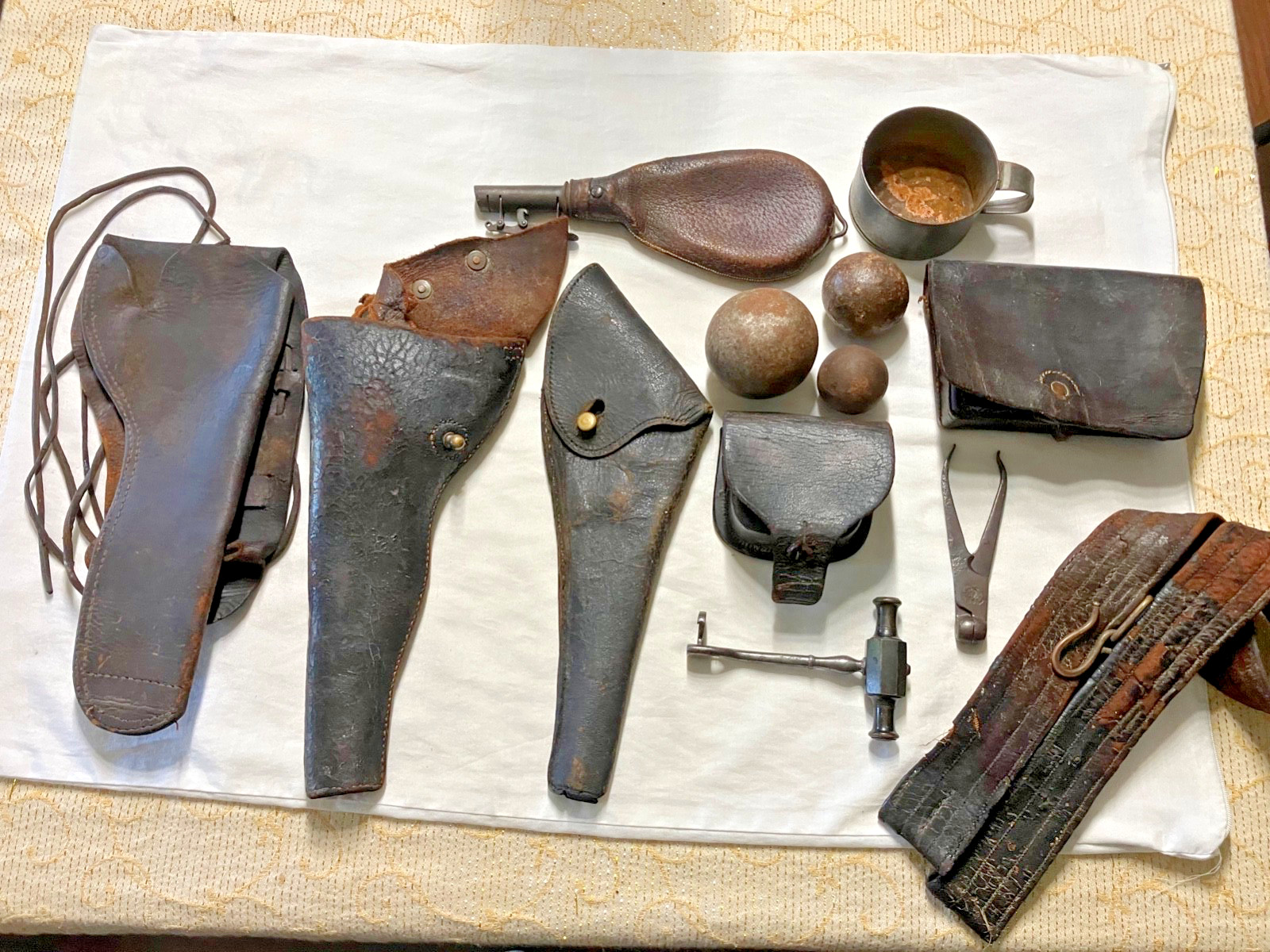 Lot 13 Antique Civil or Indian War Cannon balls Fuse Box Holsters Belt Cup More